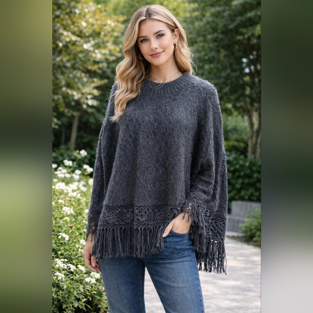 Novica Alpaca Blend Embroidered Floral Cape Fringe Size M Charcoal Made in Peru